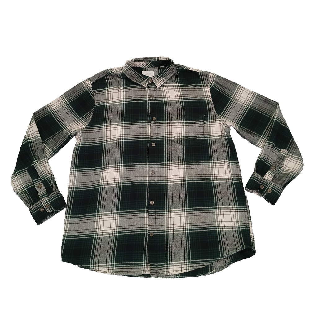 PacSun Shirt Mens Green Beige Check 100% Cotton Twill Flannel Button Up Pocket L